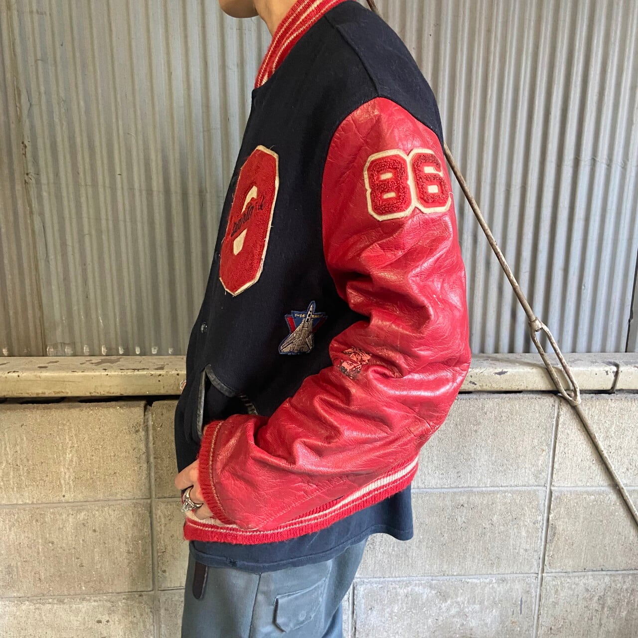 80年代 USA製 TROPHY JACKET 袖レザー ウールスタジャン ワッペン