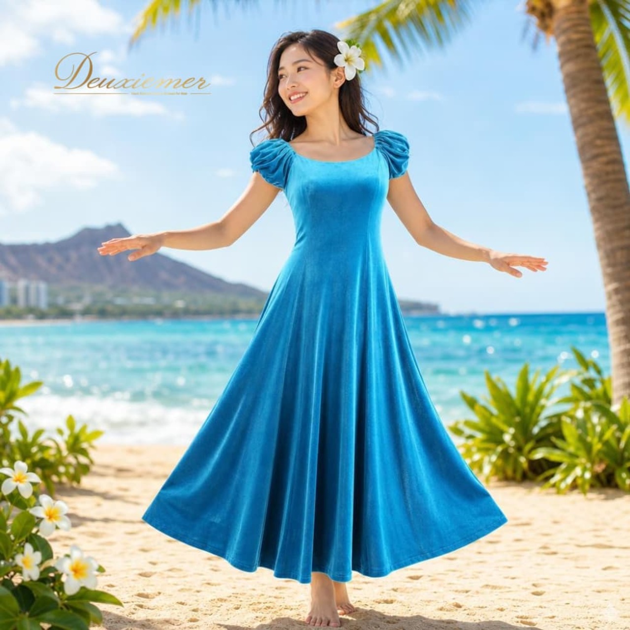 フラダンス 衣装 CC Fashions CCファッション ワンピース ドレス ブルー系 ハワイ製 ワンカラー ベロア 無地 光沢 上品 きれい 高級感 かわいい 華やか 鮮やか 明るい 爽やか 青 水色 ハワイアン アロハ フラ ダンス レッスン 練習