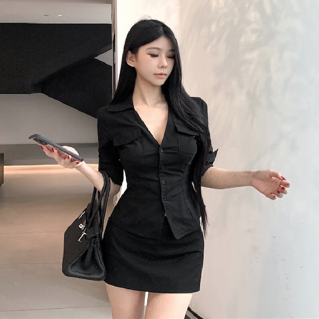 セットアップ シャツ+ミニスカート 無地 魅せられる ブラック S M L