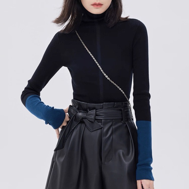 Contrast cuff turtleneck knit C1401