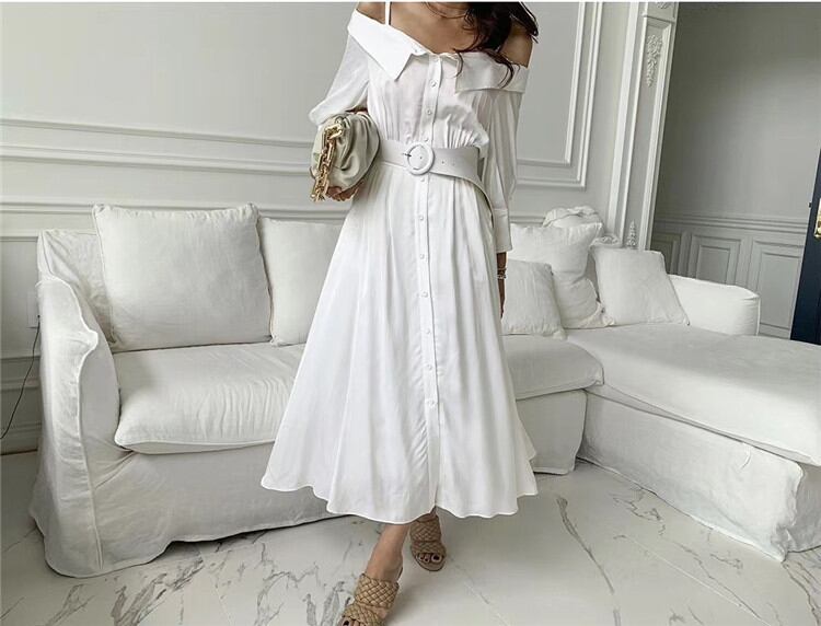 初秋 sweet系 セクシー ロングスカート 単体ボタン オフショルダー キャミ・ベアワンビス