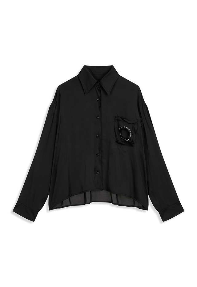 [OPEN YY] SILKY BEAD POCKET CROP SHIRT, BLACK 正規品 韓国ブランド 韓国通販 韓国代行 韓国ファッション オープン ワイワイ 日本 店舗