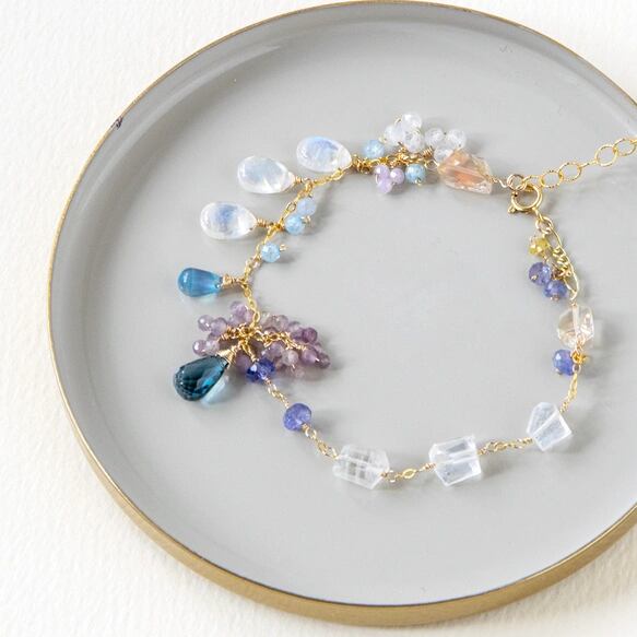 紫陽花色の色がさね|ロンドンブルートパーズ・アクアマリン・レインボームーンストーンのブレスレット14kgf