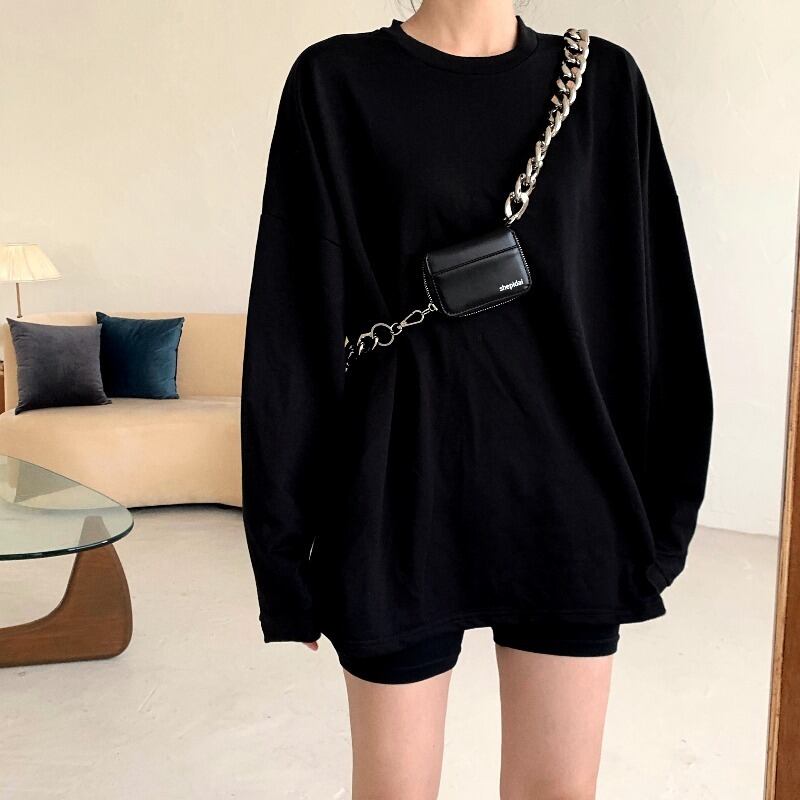 Tシャツ シャツ レディースルーズブラックスプリングラウンドネックトップス ロング 春物 Oネック ブラックストロベリース34283007172