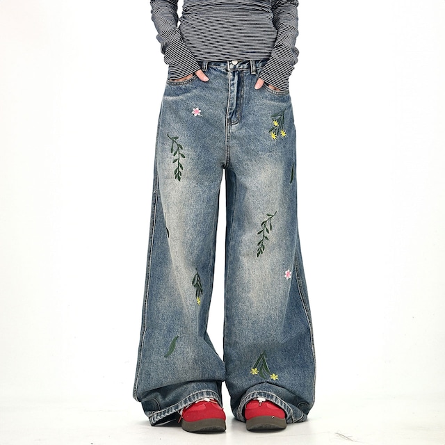 フラワーリーフステッチデニムパンツ 2col R01020