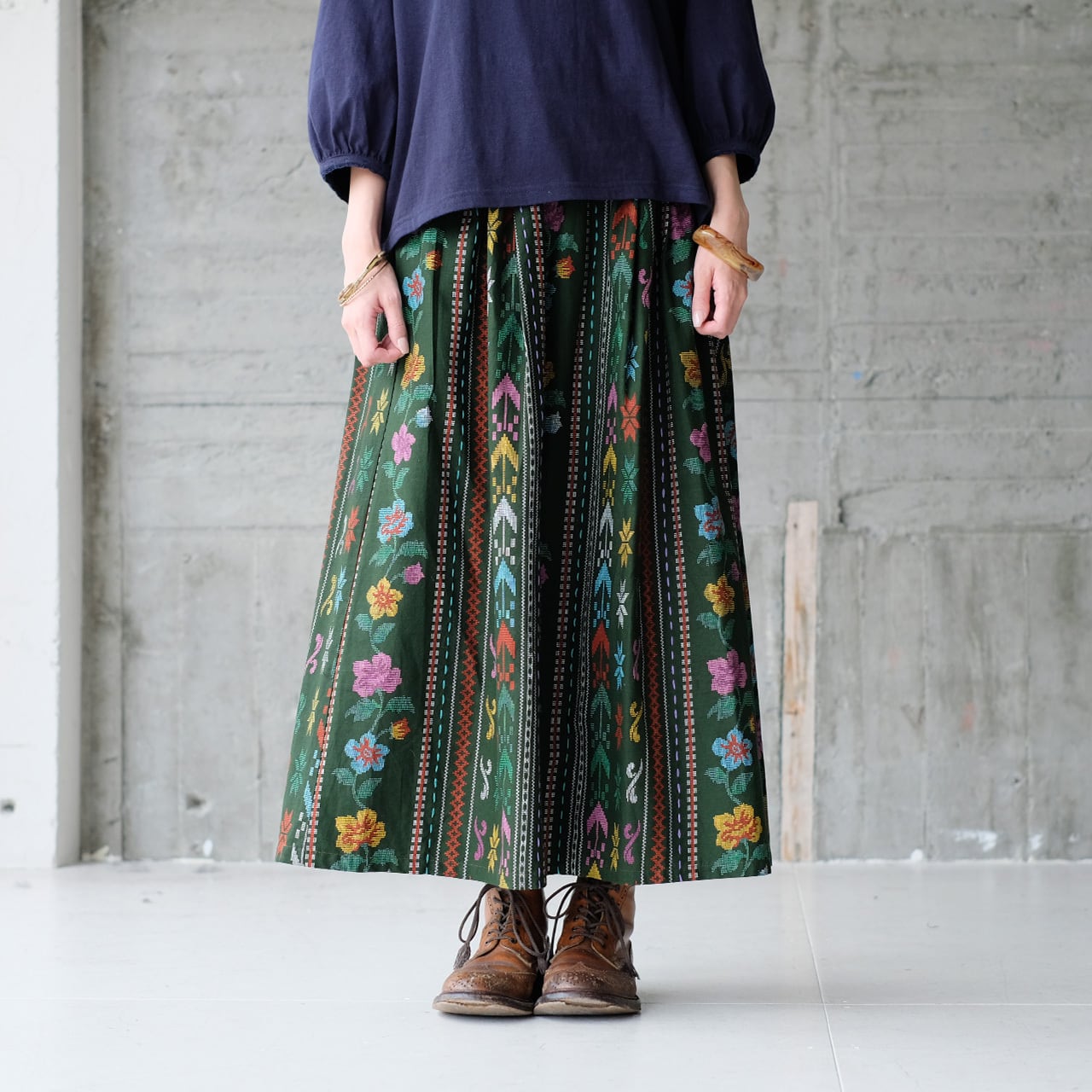 【予約販売】秋のフォークロア♪チロリアン柄ロングスカート (25w-03)グリーン