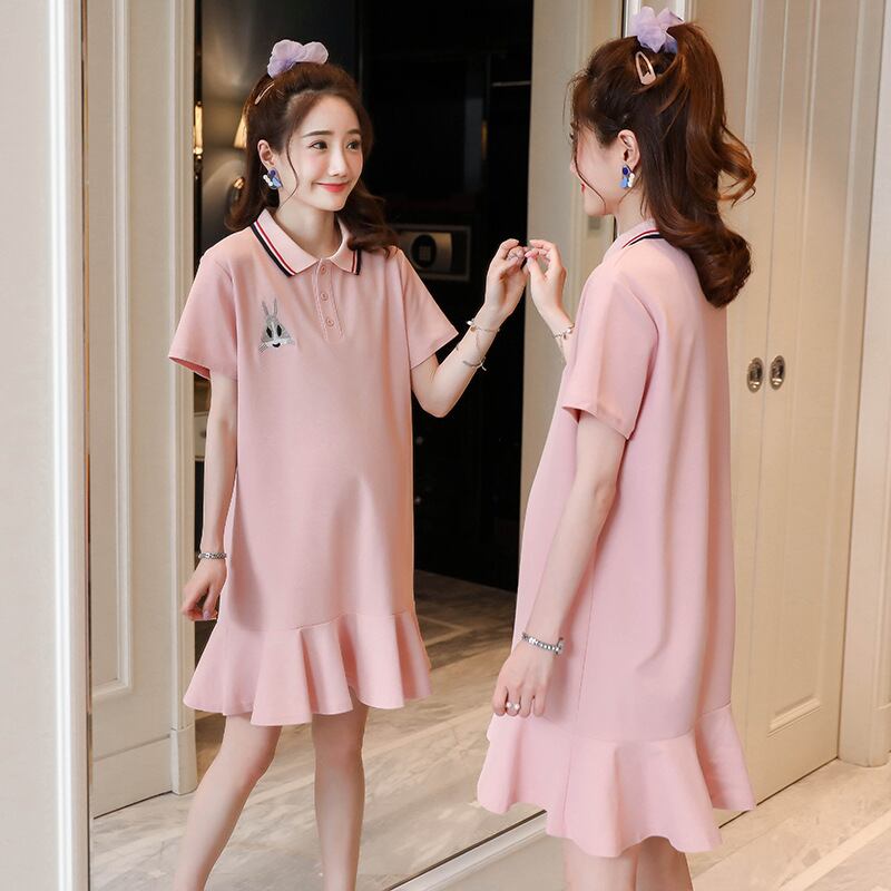 【新作】【送料無料】 マタニティウェア2020夏の新しいニットポロカラー刺繍フィッシュテールドレスミドル丈マタニティドレス-アリババ レッド サマー 夏物 expec292906603615