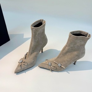 elegant suede bow crystal ankle boots (2color）＜s2965＞