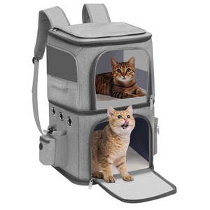 【在庫処分】HOVONO 猫 2 匹 キャリー リュック 小型 犬 2段式 ペット ネコ の リュック ペットバッグ 大容量 通気性 旅行/通院/交通機関/災害避難用 グレー XL