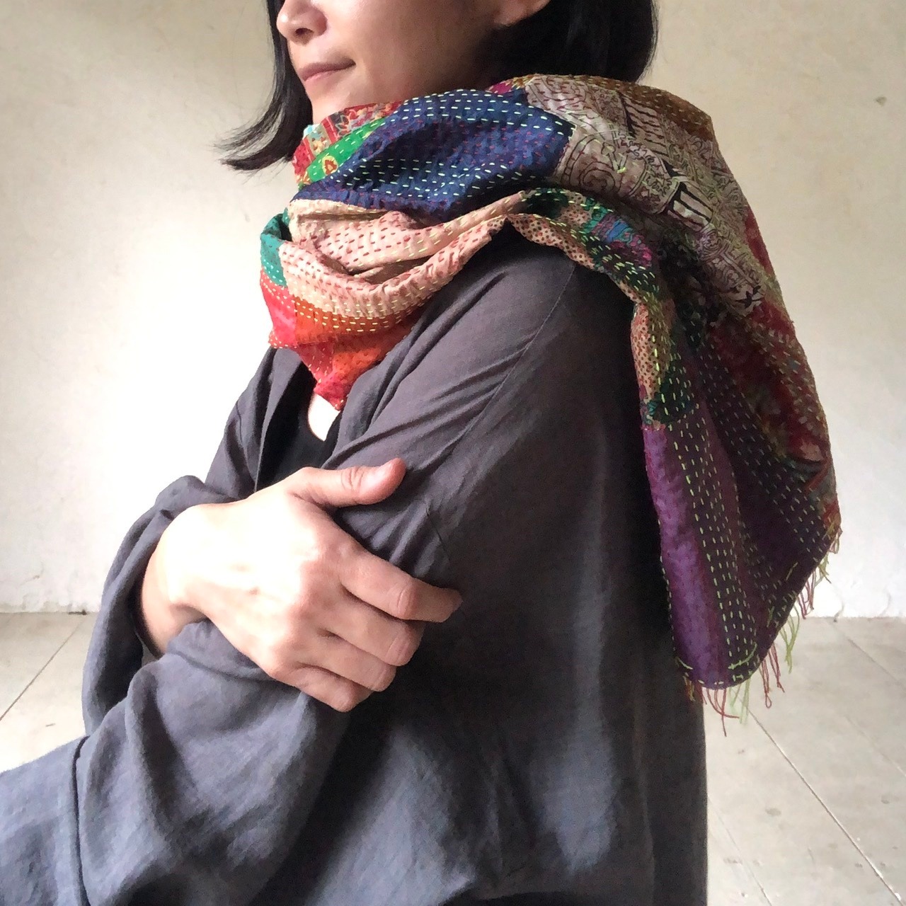 《パッチワーク大 / no.08》約202×約91cm リサイクルサリーのカンタショール　インドの手仕事布