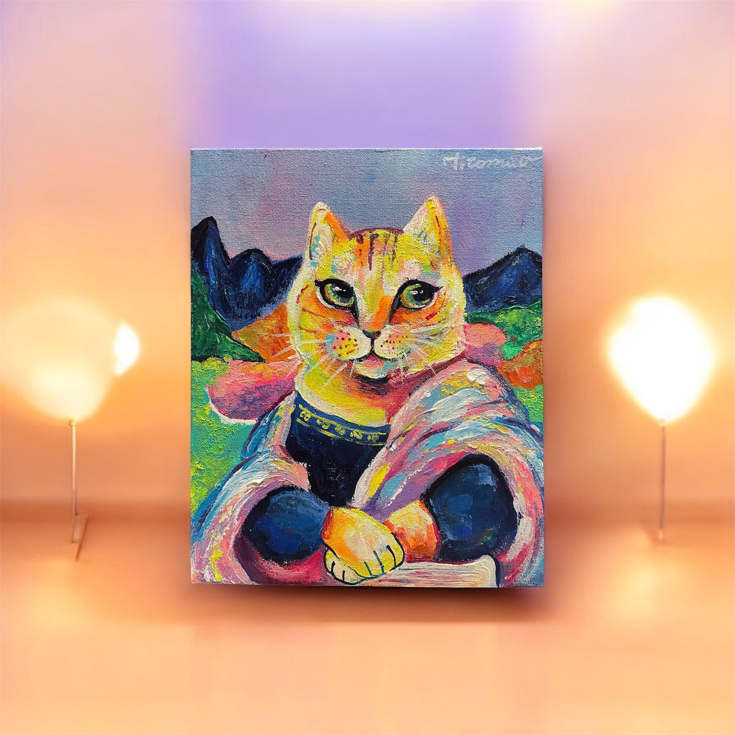 A-126/26】原画 絵画 モナリザ風猫 カラフル 27.3×22cmキャンバス 真作
