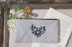刺繍のぺたんこポーチ(グレー・黒)M