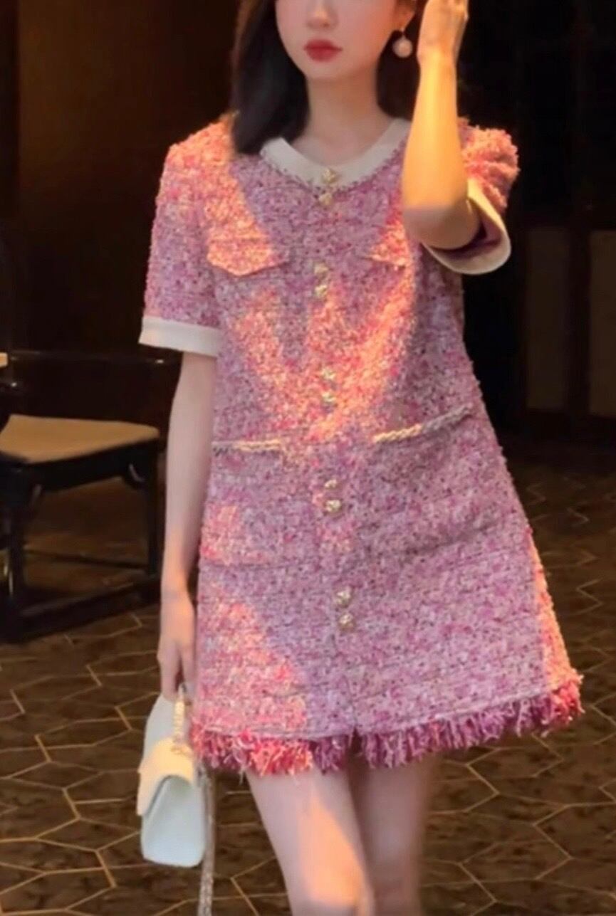 エレガントピンクフリンジツイードワンピース | sharmant