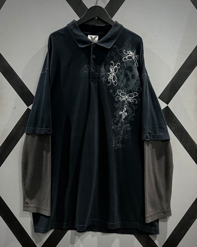 【X VINTAGE】“OLD AVIREX” Thermal Layered Design Gothic Print Polo Shirt