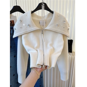 pearl & bead collar knit cardigan<j3364>