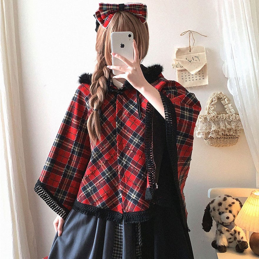 セミロリ 秋冬 ポンチョ フード チェック柄 かわいい｜SEASONZ