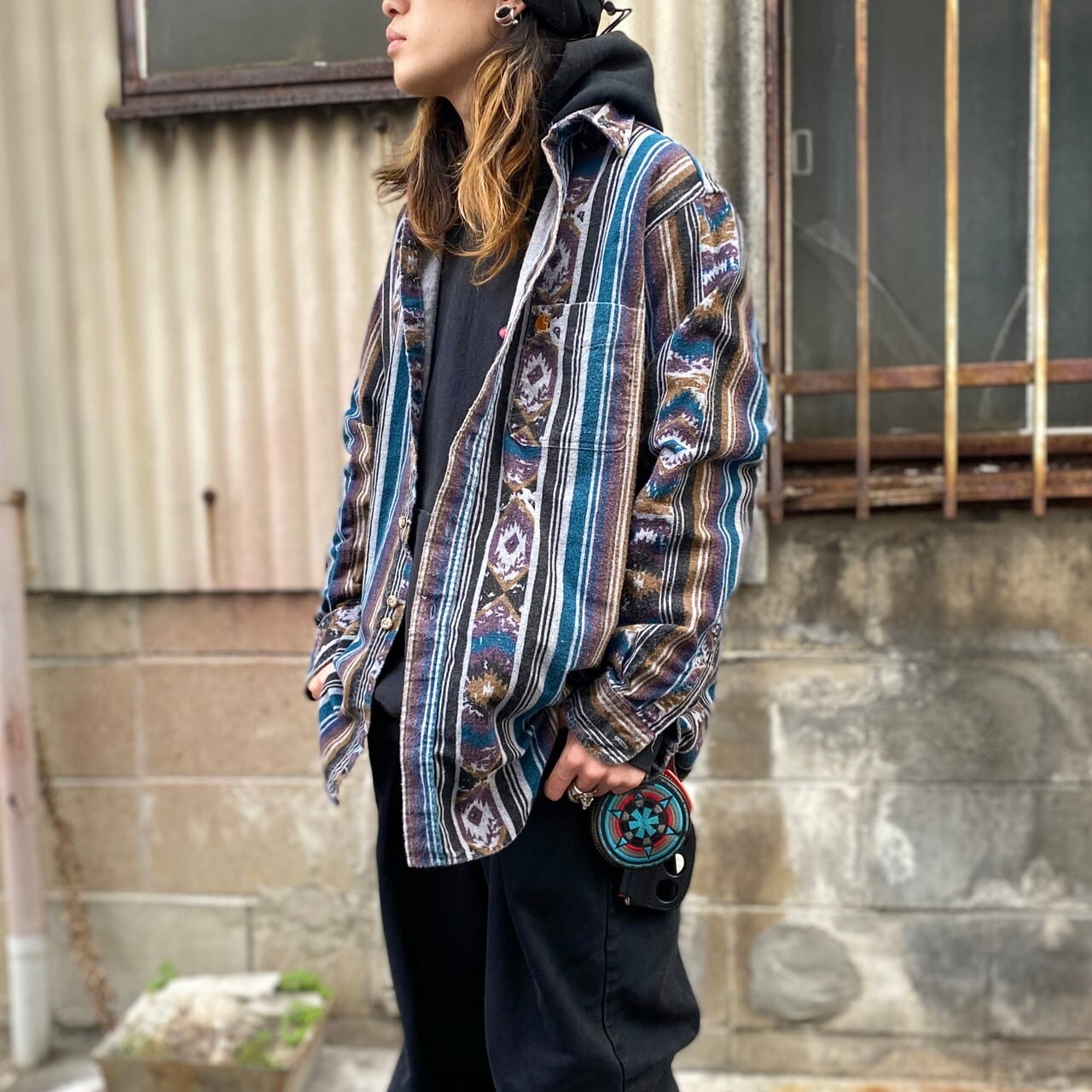 USA製 80年代 ビンテージ Carhartt カーハート ネイティブ柄 長袖 