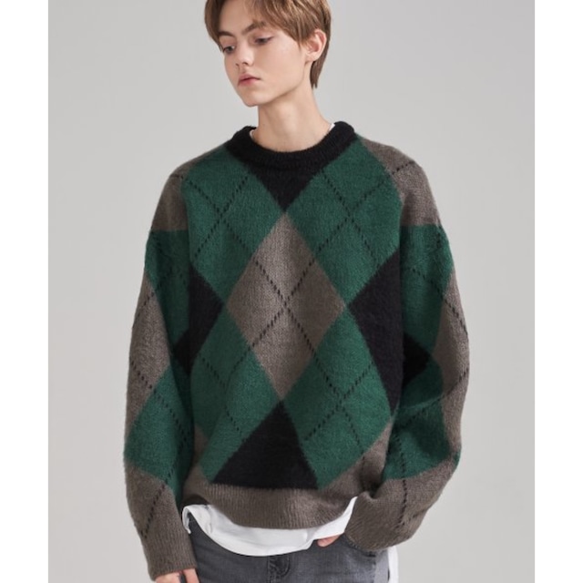 [KLOR] BULKY BRUSH OVER ARGYLE KNIT SWEATER (KHAKI GREY) 正規品 韓国ブランド 韓国ファッション 韓国代行 韓国通販 ニット