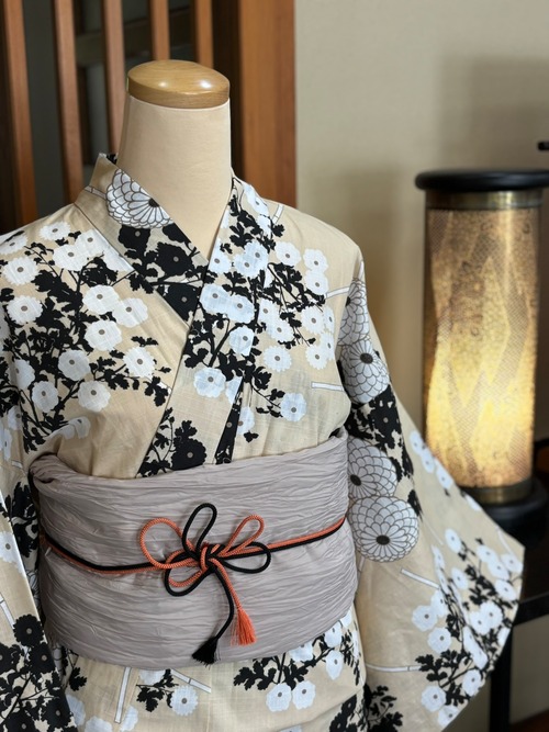 プレタ浴衣・ベージュ地花柄＆ふんわり兵児帯（ピンクベージュ）セット
