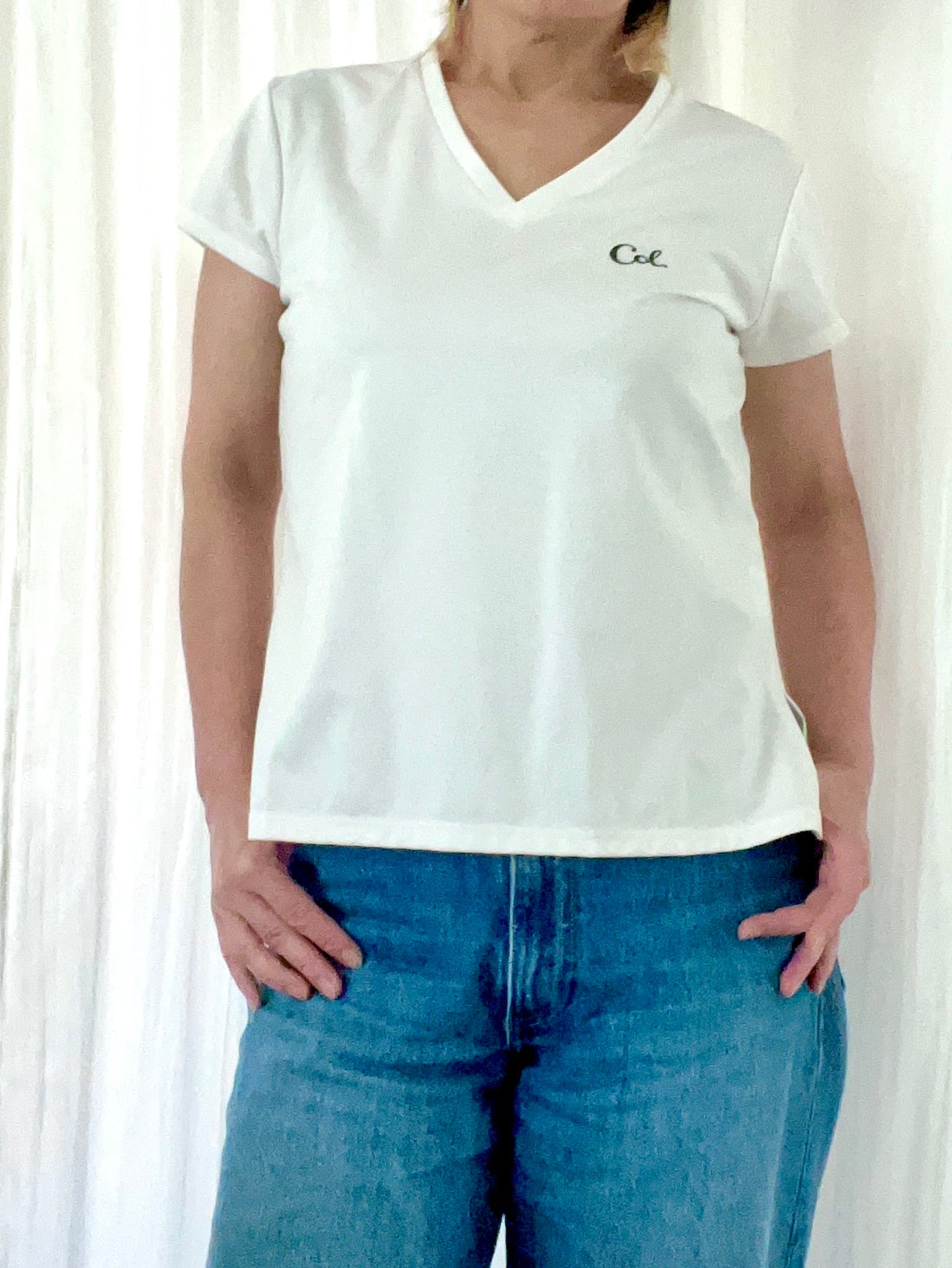 Vネック刺繍フレンチTee