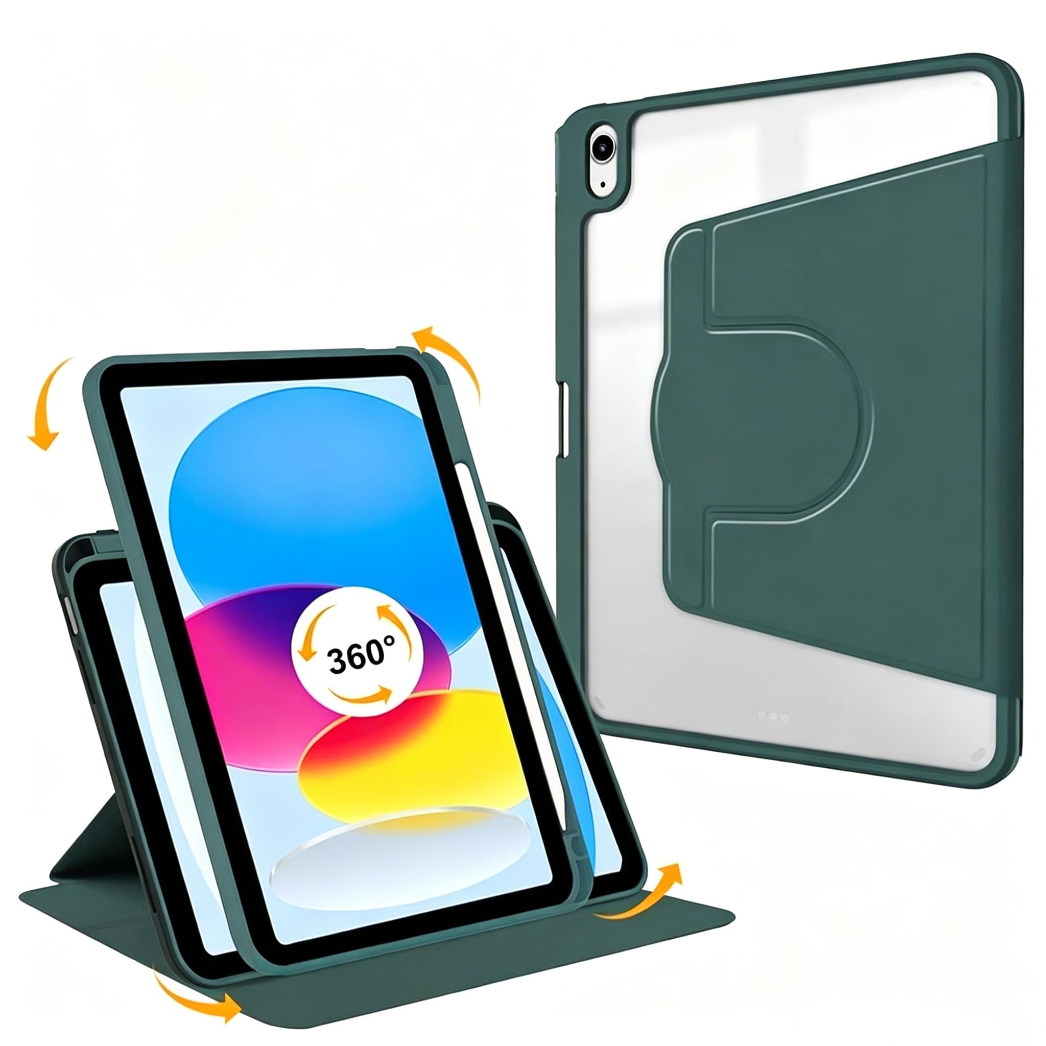 iPad Air 13 インチ M2/M3/M4 2024/2025/2026 & iPad Pro 12.9 インチ 第 4/5/6 世代 共用ケース 360° 回転 縦置き対応 背面クリア 耐衝撃 軽量薄型 ペン収納 かわいい 手帳型, ダークグリーン