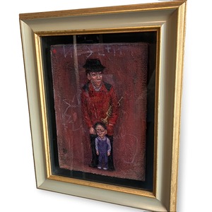 【小西保文 油彩画 額装 トランペットを持つ男と少年】