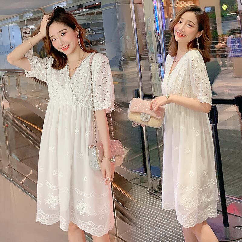 【新作】【送料無料】 マタニティウェア2019夏の新しいプラスサイズの半袖ドレスファッション中空ロングVネックマタニティドレス-アリババ 大きめサイズ サマー 夏物 expec270939679683