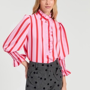 VILAGALLOピンク✖️レッドバイカラーストライププリントフリルシャツブラウス　SPAIN:VIL33928 ¥26,000+tax