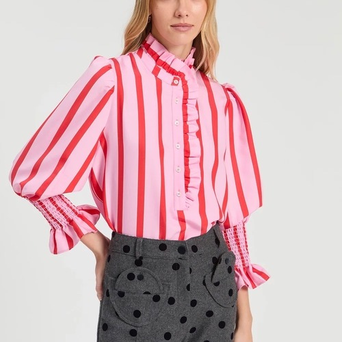 VILAGALLOピンク✖️レッドバイカラーストライププリントフリルシャツブラウス　SPAIN:VIL33928 ¥26,000+tax