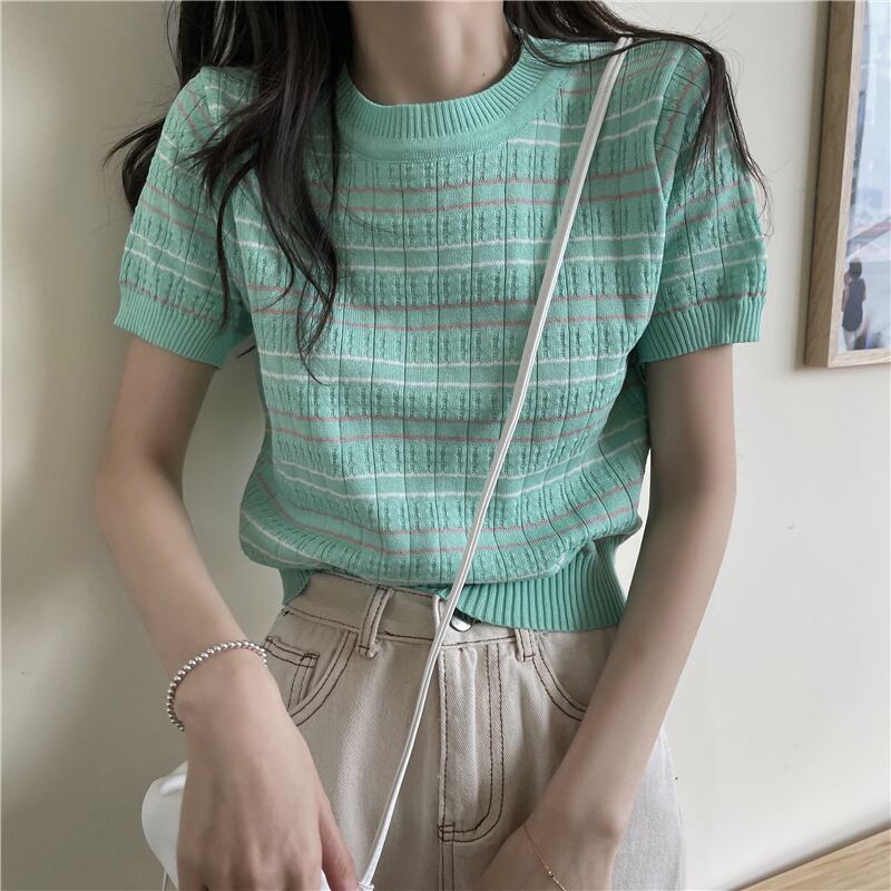 ストライプニットTシャツ サマーレッド 夏物 試着室54916059032