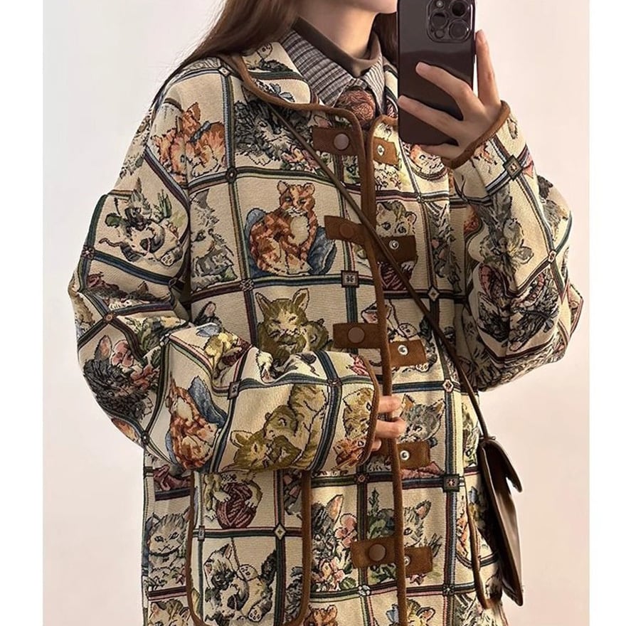 猫柄ゴブラン織りジャケット|クラシカル・レトロ調アニマルモチーフ アウター|天使と悪魔