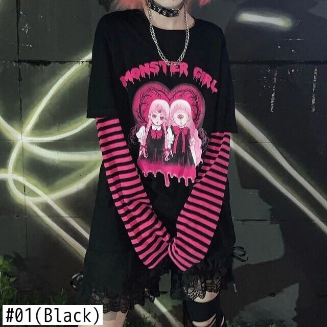 送料無料 HOUZHOU ゴシック Tシャツ女性モールゴストップ原宿黒長袖 T