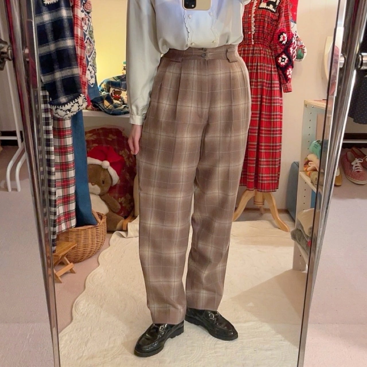 pale brown check tuck pants