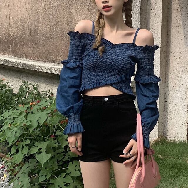 ブラウス レディース トップス オフショルダー クロスデザイン シャーリング 肌見せ デニム カジュアル おしゃれ