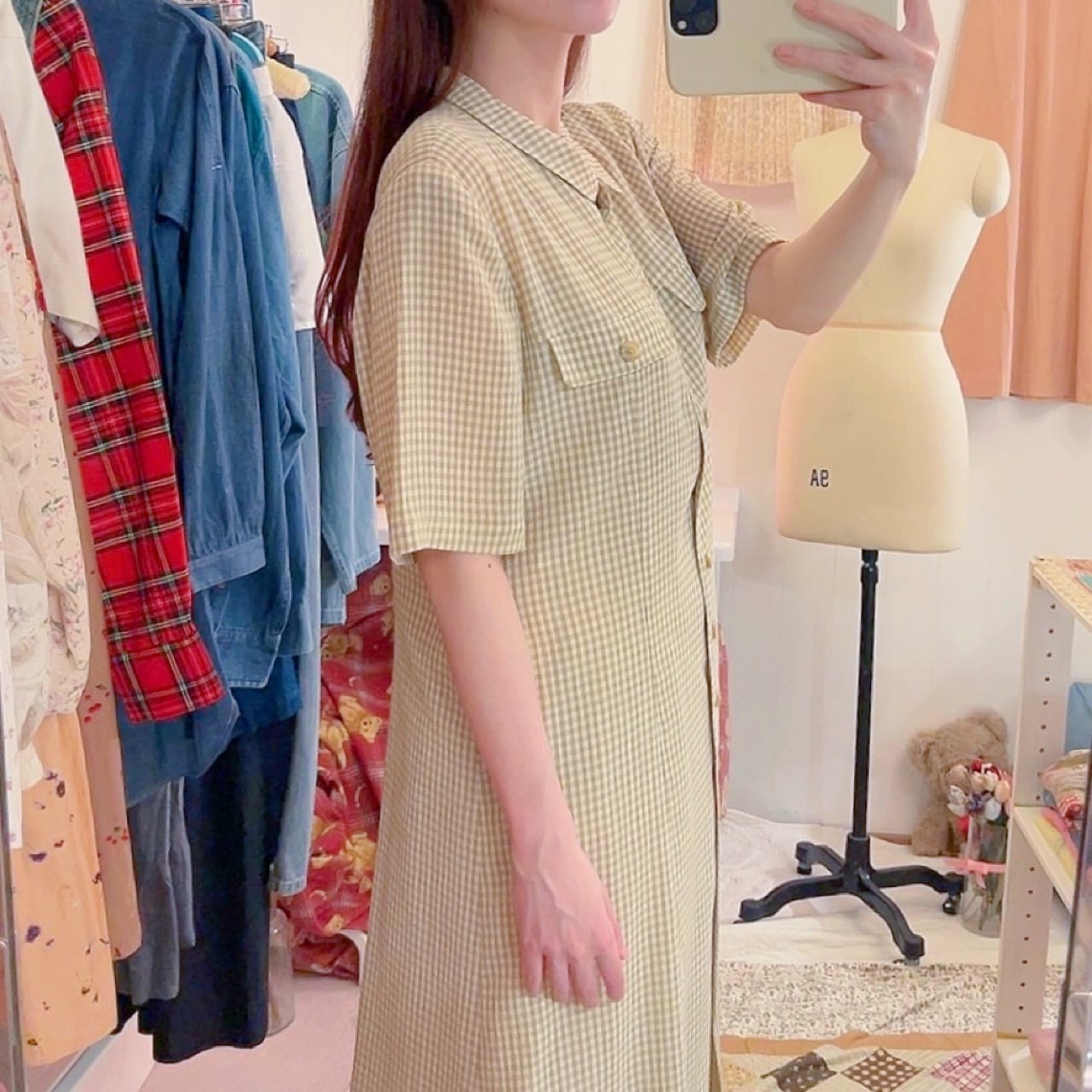 green gingham check one-piece