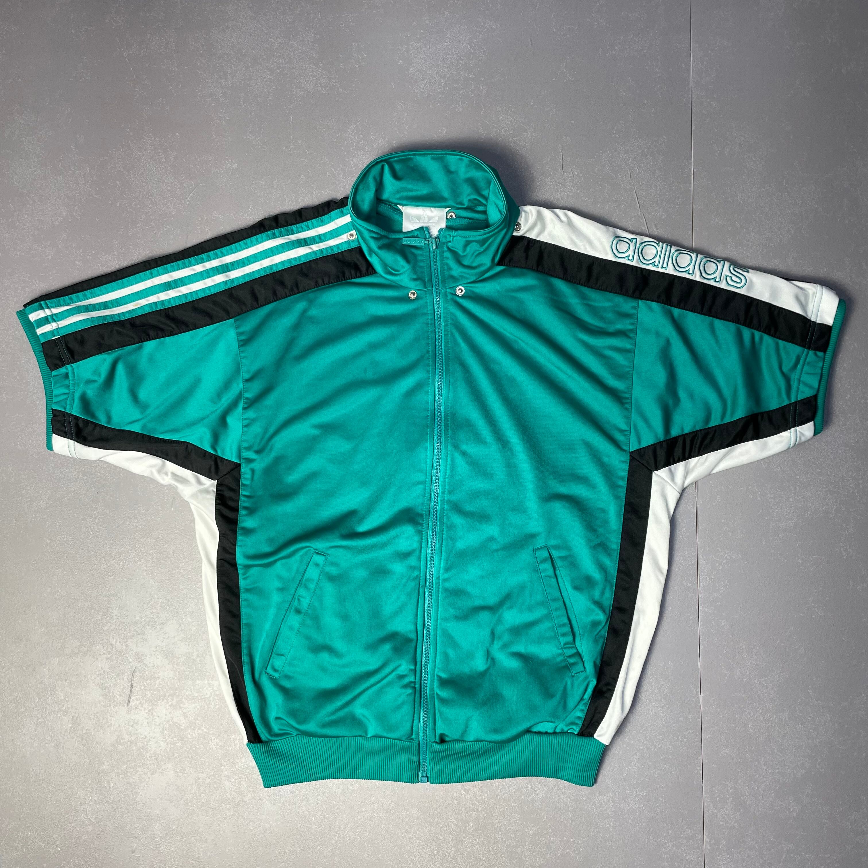 90年代 adidas アディダス 切り替え 半袖 ジャージ トラックジャケット ヴィンテージ メンズMグリーン 緑 古着【ジャージ・トラックジャケット】