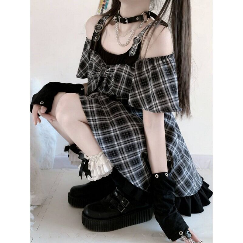 Off-shoulder check mini onepiece r0037