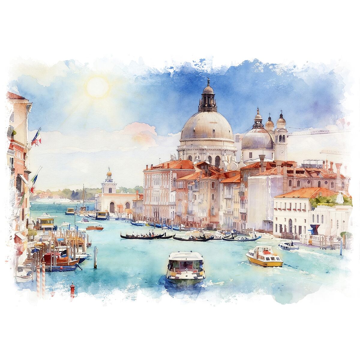 絵画 イタリア 風景画 ヴェネツィア サンタ・マリア・デッラ・サルーテ聖堂 インテリアアート額付き 水彩画・油絵風 WAT1825