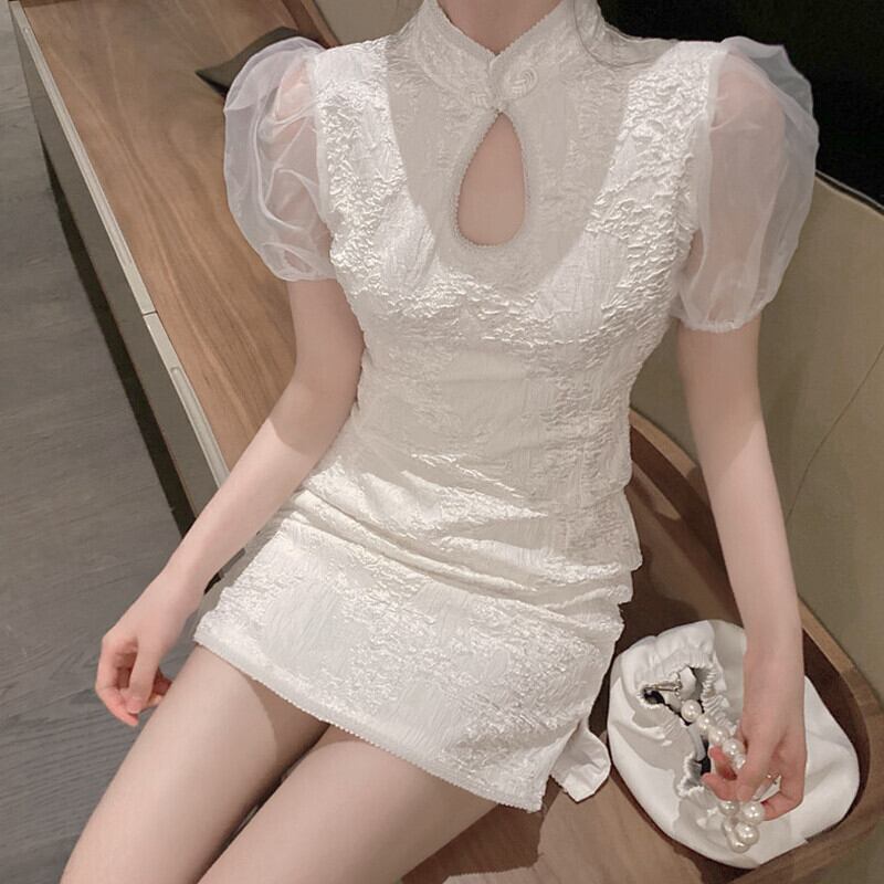 サマーカラースリーブドレス スタンダードスリムスカート レトロ 夏物 ガールズファッション91485141494