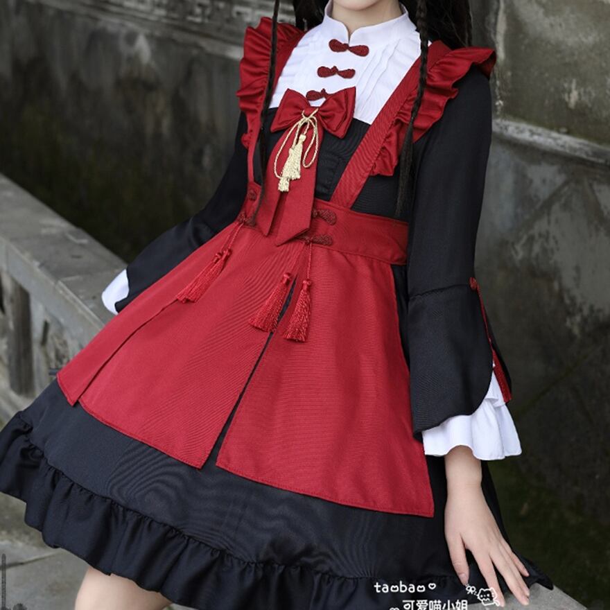 中華ロリータ 長袖メイドワンピース カチューシャ×タッセル付き｜WithU