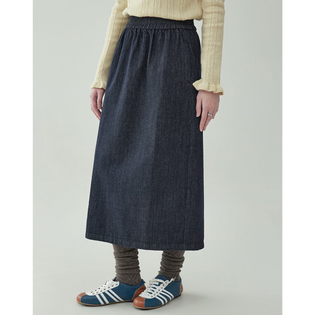 solid elastic waistband slit denim skirt