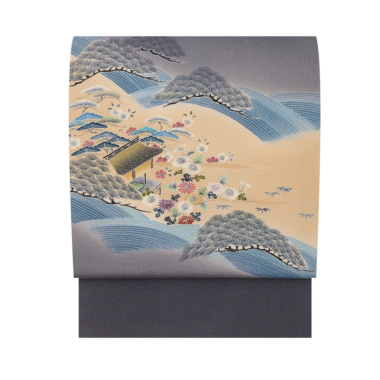 名古屋帯 未使用 四代目 上野眞 正絹 名門 上野家 京友禅 縮緬 浜ちりめん 濃紺 風景文 カジュアル 新古品 仕立て上がり みやがわ sb53715 名古屋帯 未使用 四代目 上野眞 正絹 名門 上野家 京友禅 縮緬 浜