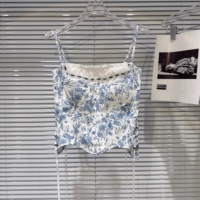 レースアップブルーフラワーコルセットキャミソール