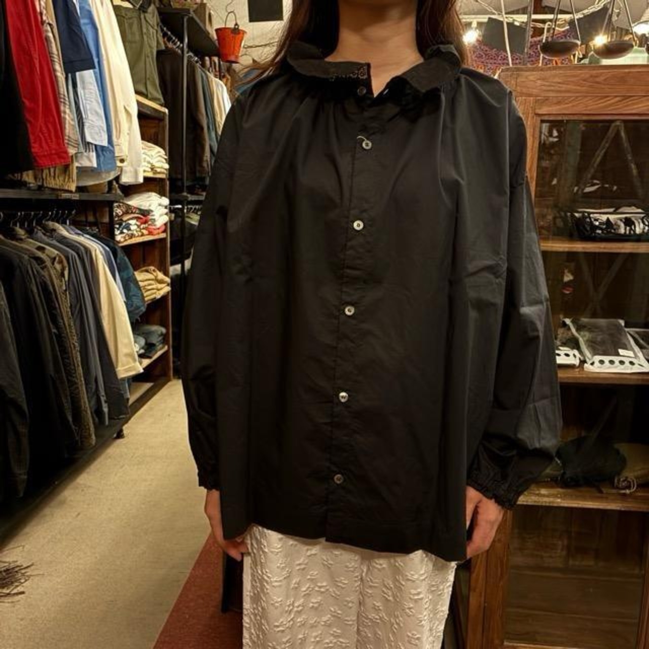 UNIVERSAL SEVEN Natural Typewriter Italian Filet Lace 2-Way Blouse, Black, Long Sleeve, Cotton, Front and Back