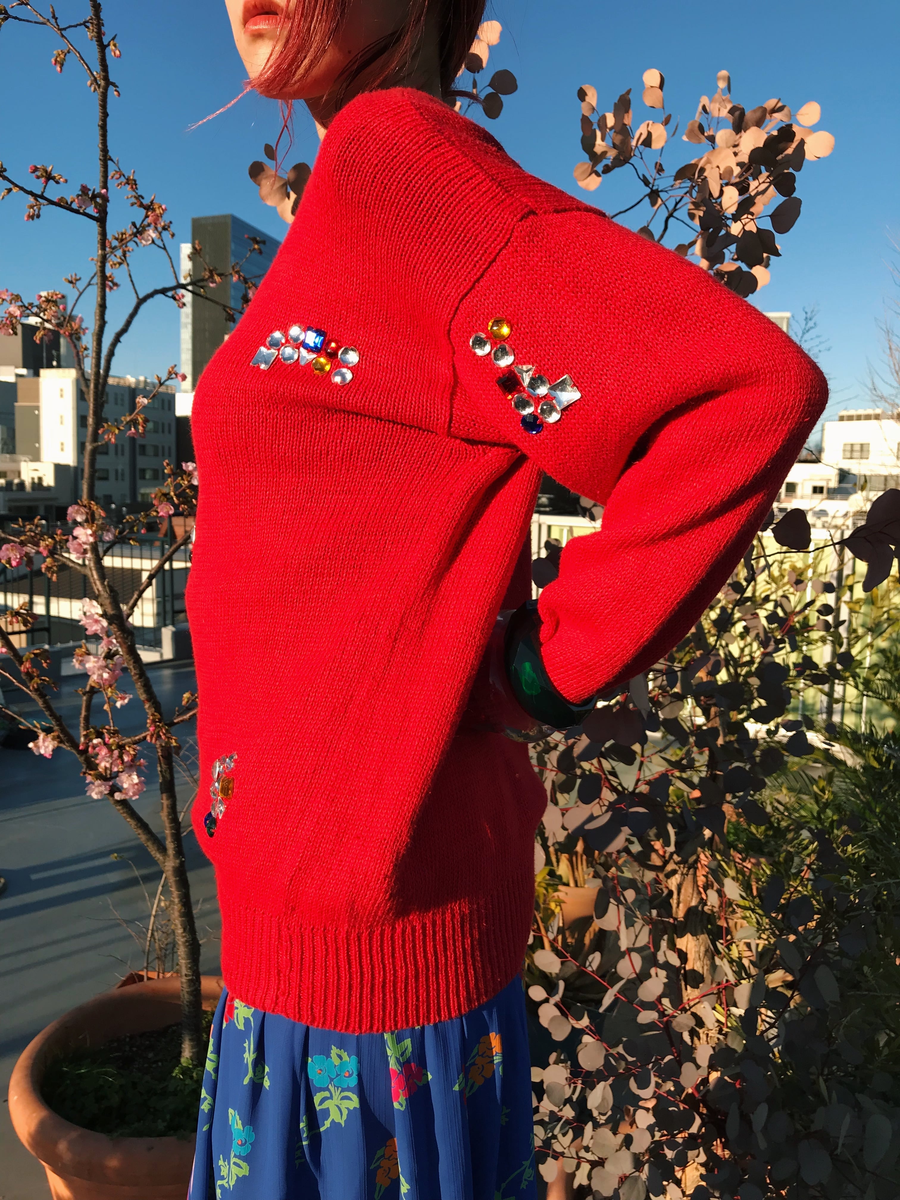 Vintage red × multi color bijou knit tops ( ヴィンテージ Vintage red × multi color bijou knit tops ( ヴィンテージ
