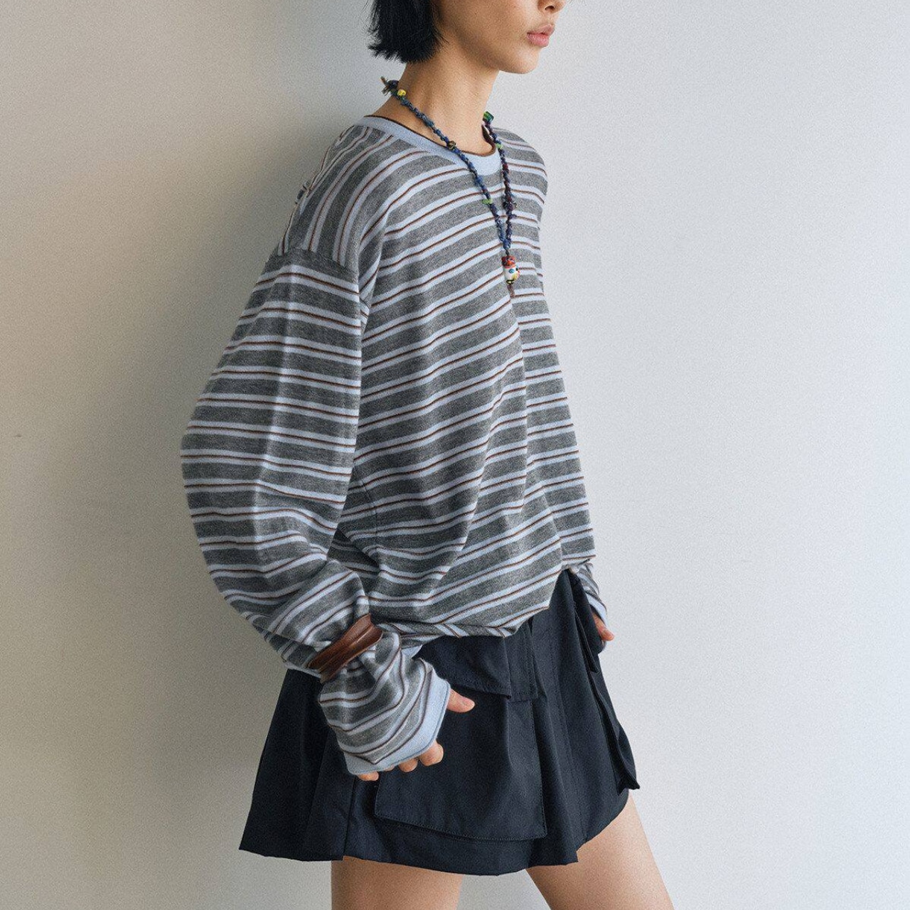 Striped Long Sleeve Crew Neck tops T4309