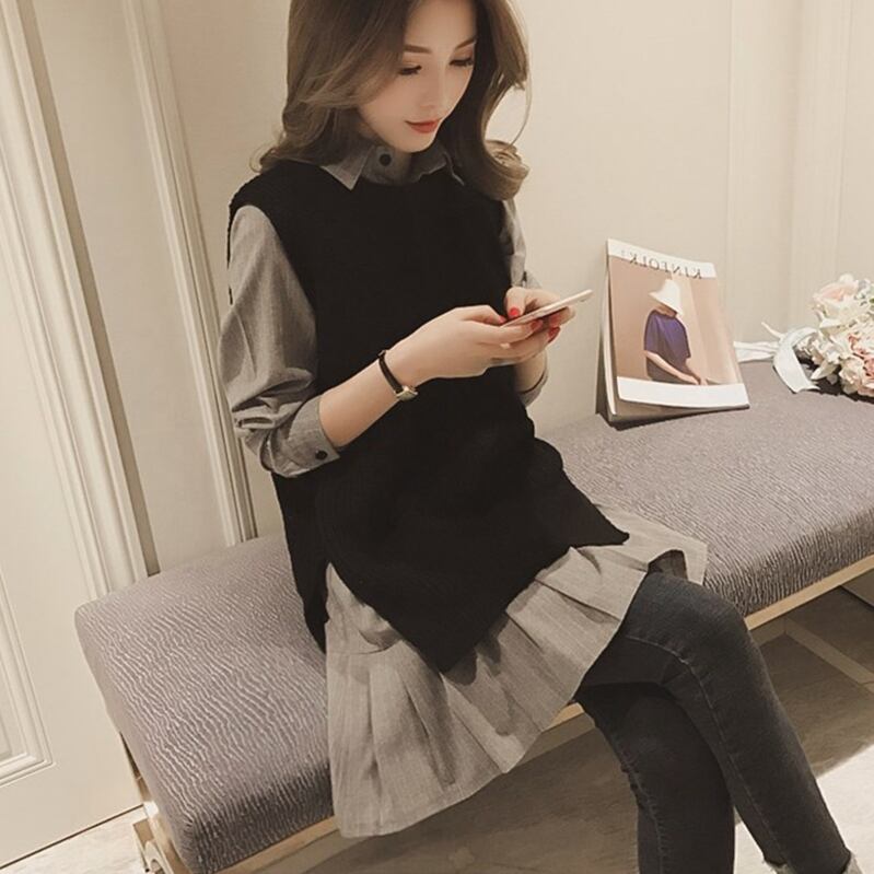 ツーピース シャツワンピース ニットベスト ワンピドレス ロング