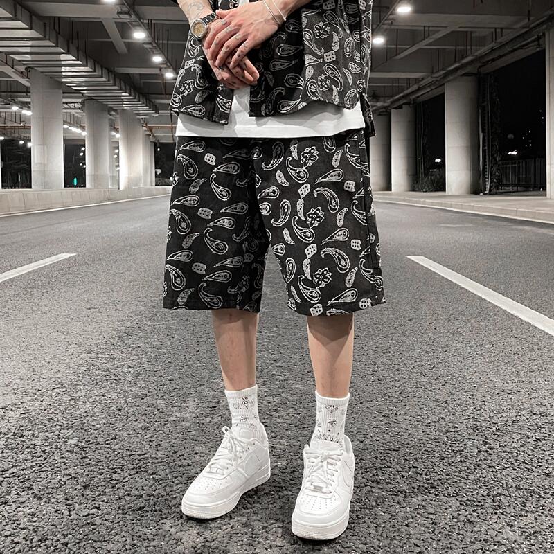 ボトムス ストリート西海岸 ブラックカシューフラワージャガードヒップスタールーズデニムショーツ j Yochico 独自の ストリートトレンドを定義づけましょう