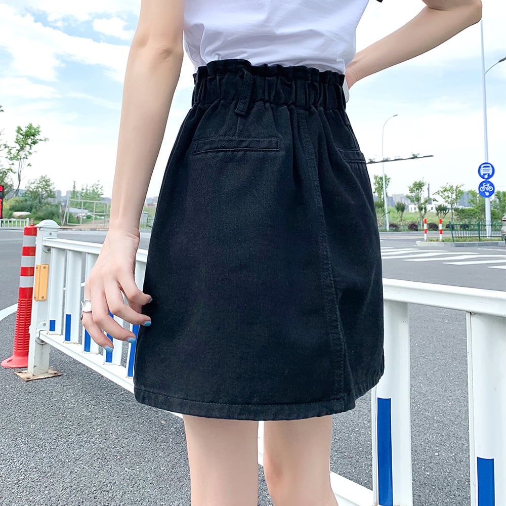 全2色 デニムミニスカートフロントアウトポケット 足見せ スカート
