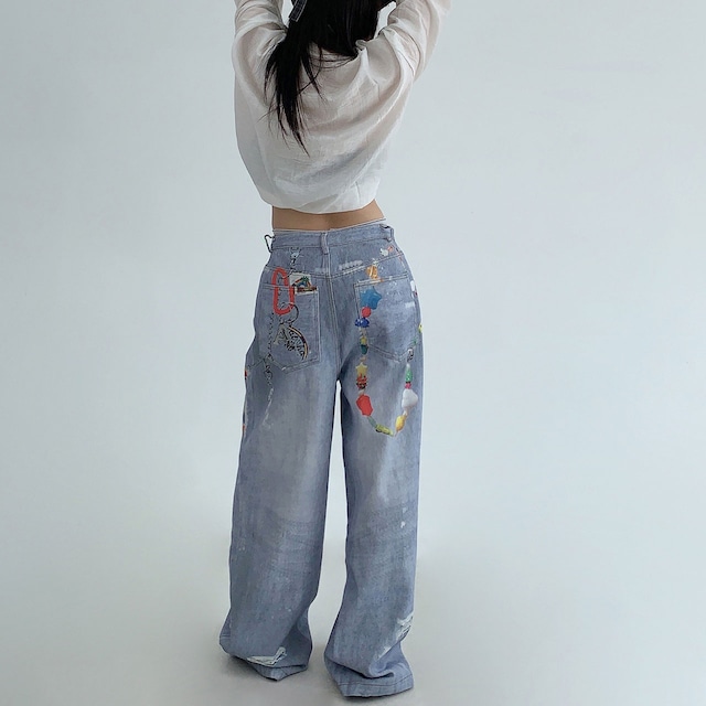 チャームペイントデザインデニムパンツ R00551